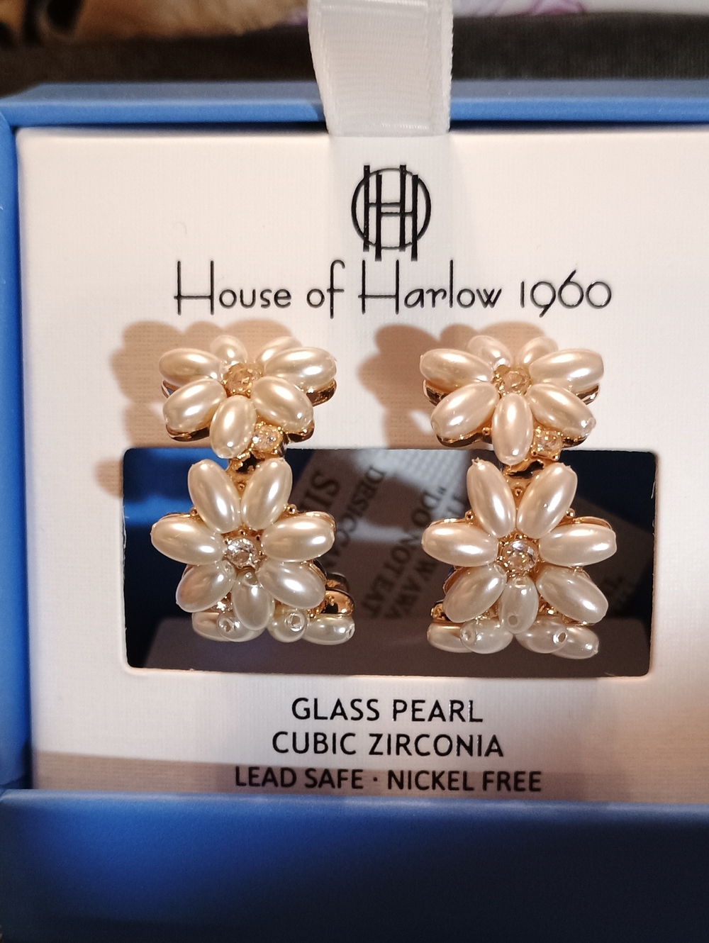 NIB House of Harlow 1960 Glass Pearl Cubic Zirconia Double Daisy Hoop Earrings